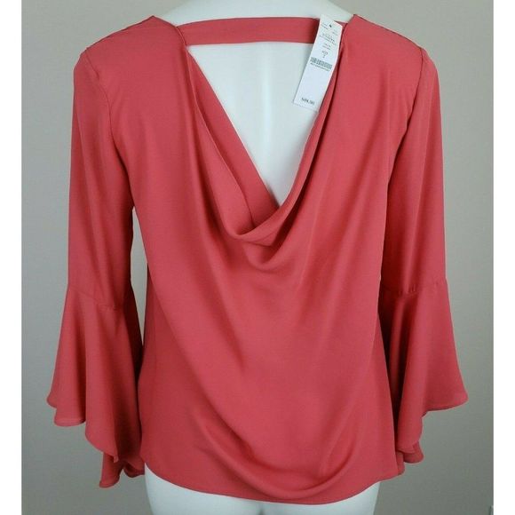 White House Black Market Pink Elsa Drape Back Blouse Shirt 3/4 Bell Sleeve 2 NWT - Picture 2 of 4